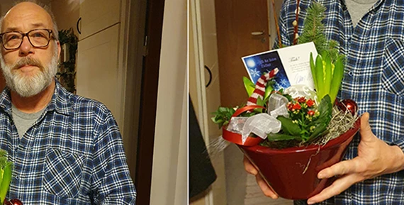 Bo är en av hyresgästerna som bott i sin lägenhet i 25 år och som fått ta emot en julblomma från Eidar