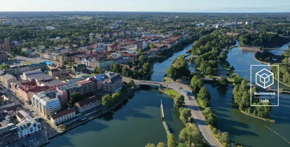 Flygbild över Trollhättans kanal och fall