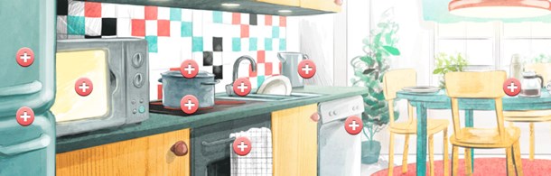 Tecknat kök med plustecken på kyl, frys, micro mm som visar var man kan spara el