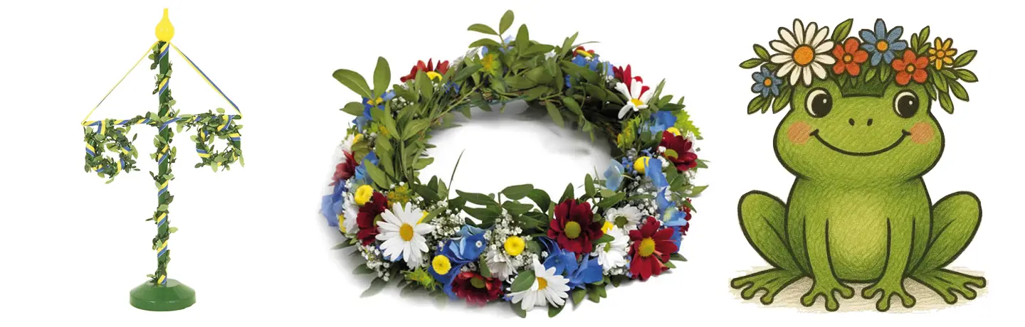 tre olika bilder på rad bestående av en prydnadsmidsommarstång, en blomsterkrans och en groda med krans på huvudet
