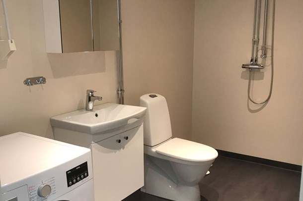Badrum med spegelskåp över handfatet och vitt skåp under, toalett, duschhörna och tvättmaskin.