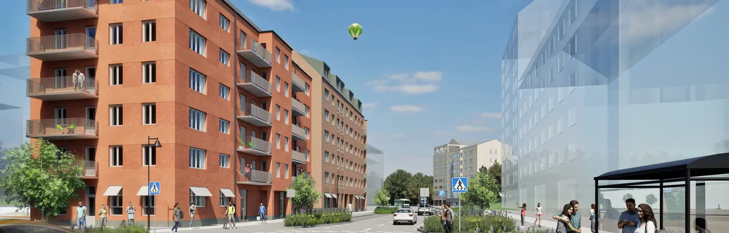 illustration över lägenhetshus med rött tegel