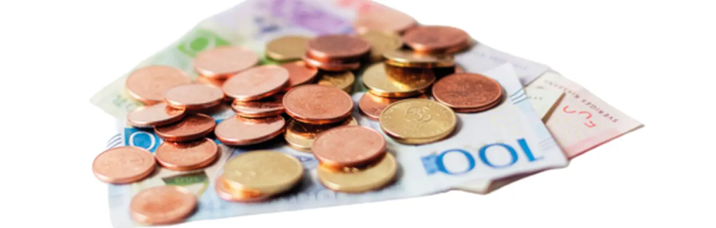 svenska sedlar och mynt i olika valörer