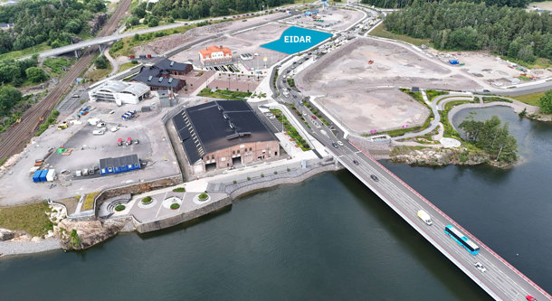 Flygbild över Vårvik med kvarteret Bollträet markerat i blått