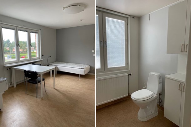 To the left: room with table and chairs and further in a bed. To the rigt: bathroom