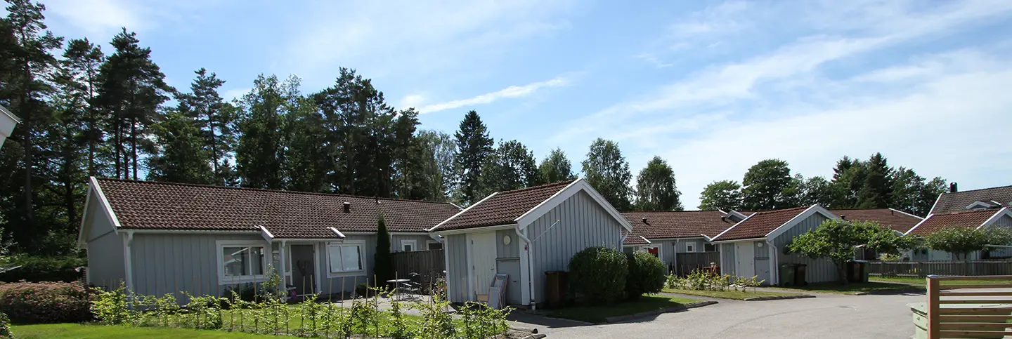 Hyreslägenheter i radhus i Velanda. Radhusen ligger med skog i bakgrund, egen trädgård och uteförråd på framsidan.
