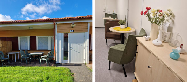 Kollage med en exteriör och en interiör bild från boendet