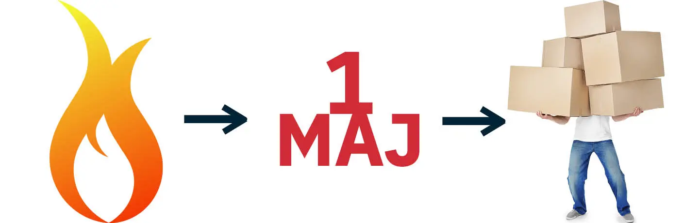 Tre bilder i ett: valborsgeld, 1 maj och man med flyttkartonger
