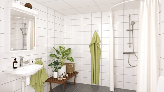 Illustration av badrum med vitt kakel och grått klinkers