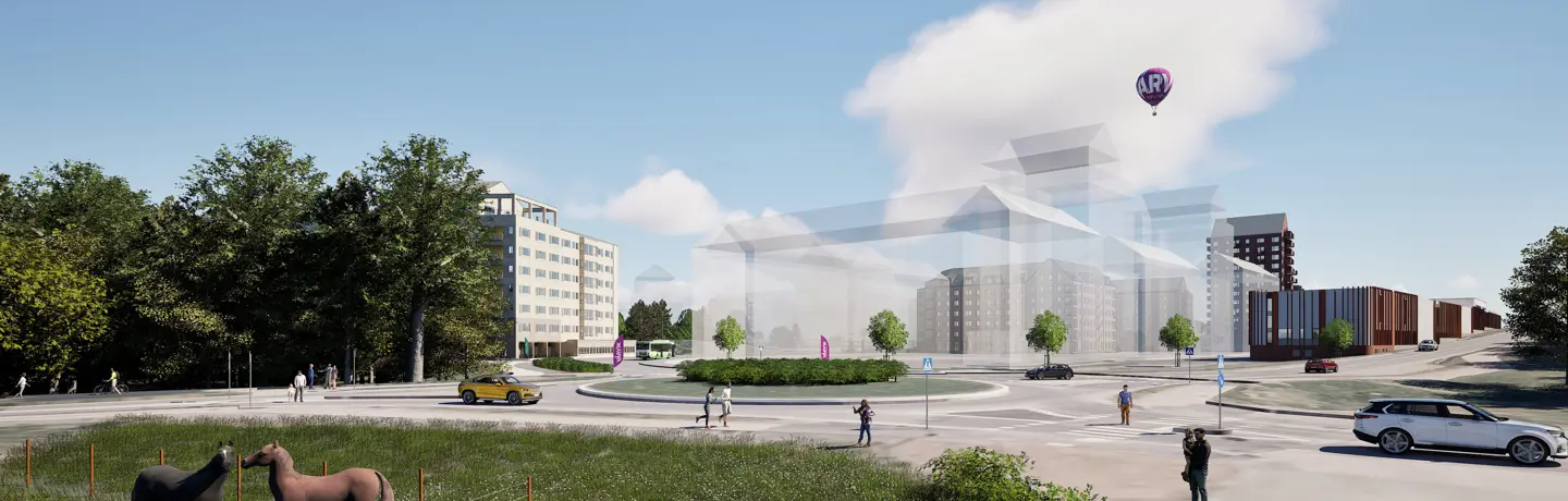 En visionsbild av kvarteret Bollträet som Eidar planerar att bygga i Vårvik. Tre sammanhängande huskroppar med fasad i olika nyanser av rött tegel runt tre sidor av en södervänd utegård.  Visionsbild: BSV Arkitekter & ingenjörer AB