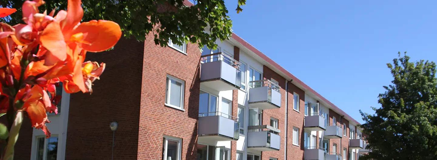 Fasadbild över kvarteret Björnbäret på Karlstorpsvägen i Trollhättan.