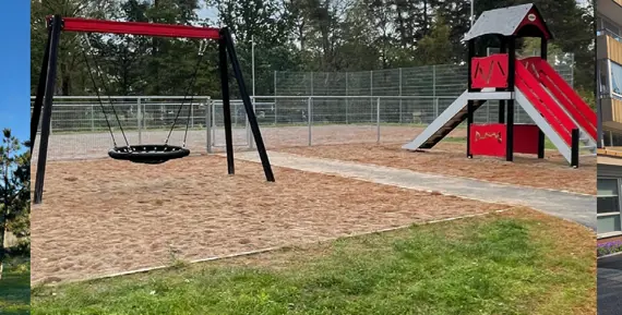 lekplats med tvillinggunga och rutschkana + fasadbilder