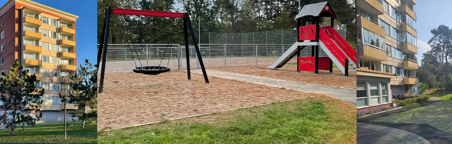 lekplats med tvillinggunga och rutschkana + fasadbilder
