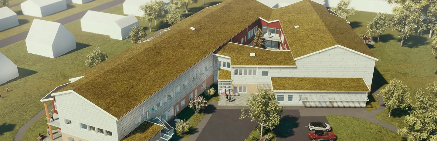 Visionsbild över det nya boendet på Hagtornsstigen i Trollhättan. Vitt tvåvåningshus i vinkel med sedumtak