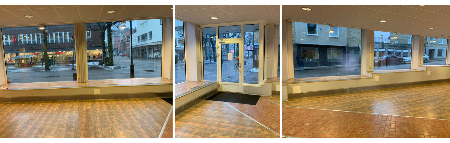 Lokal med skyltfönster mot gågatan och Magasinsgatan