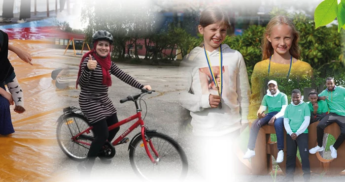 Kollage av bilder som visar olika aktiviteter såsom cykelkurs 