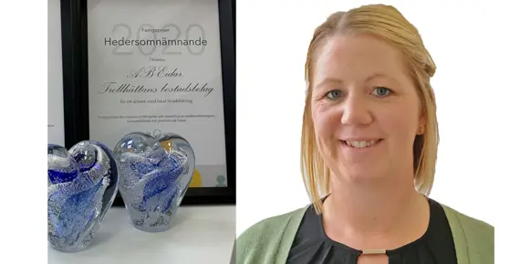 Sanna Kårebrand med Eidars diplom för hedersutnämnandet för bolagets arbete med lönebildning