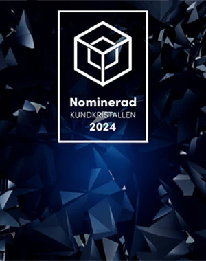 Emblem med logga och texten Nominerad Kundkristallen 2024