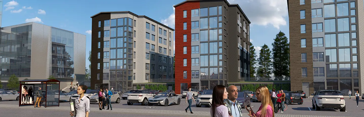 Visionsbild över nya studentlägenheter i Innovatum District i Trollhättan. Tre höghus med stora glaspartier. 