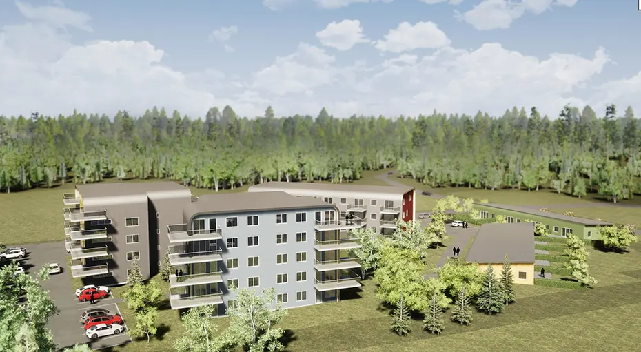 Visionsbild av Eidars hyreslägenheter i det planerade området Lärketorpet i Trollhättan