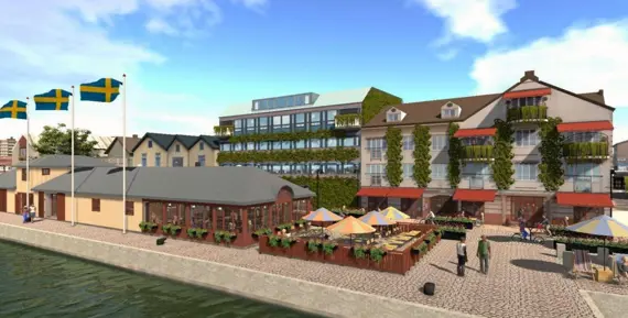 Visionsbild som visar hur en framtida restaurang skulle kunna se ut i Hamnkontoret
