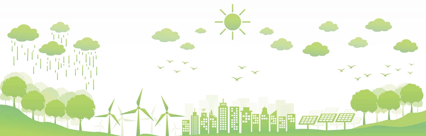 Tecknad bild som visar vindkraftverk, sol, träd, solceller, hus