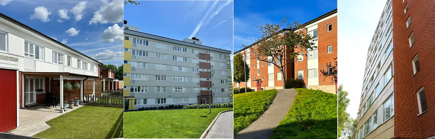 fasader från kvarteren Guldvingen, Spaden och Lantmannavägens höghus